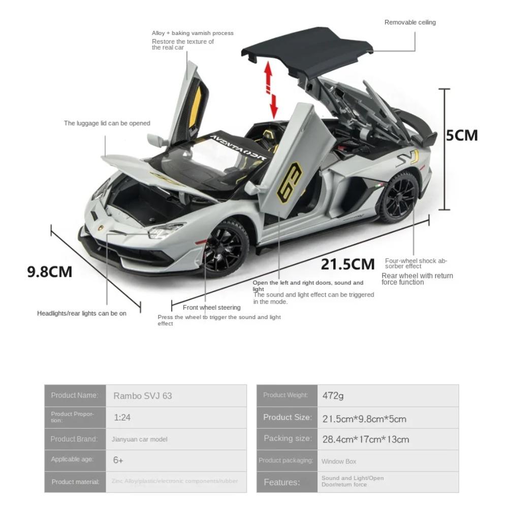 1/24 Scale Lambor Aventador SVJ 63 Super Car Model Sound Light Collection Metal Diecast Toys Vehicles Kids Boys Gift Decoration