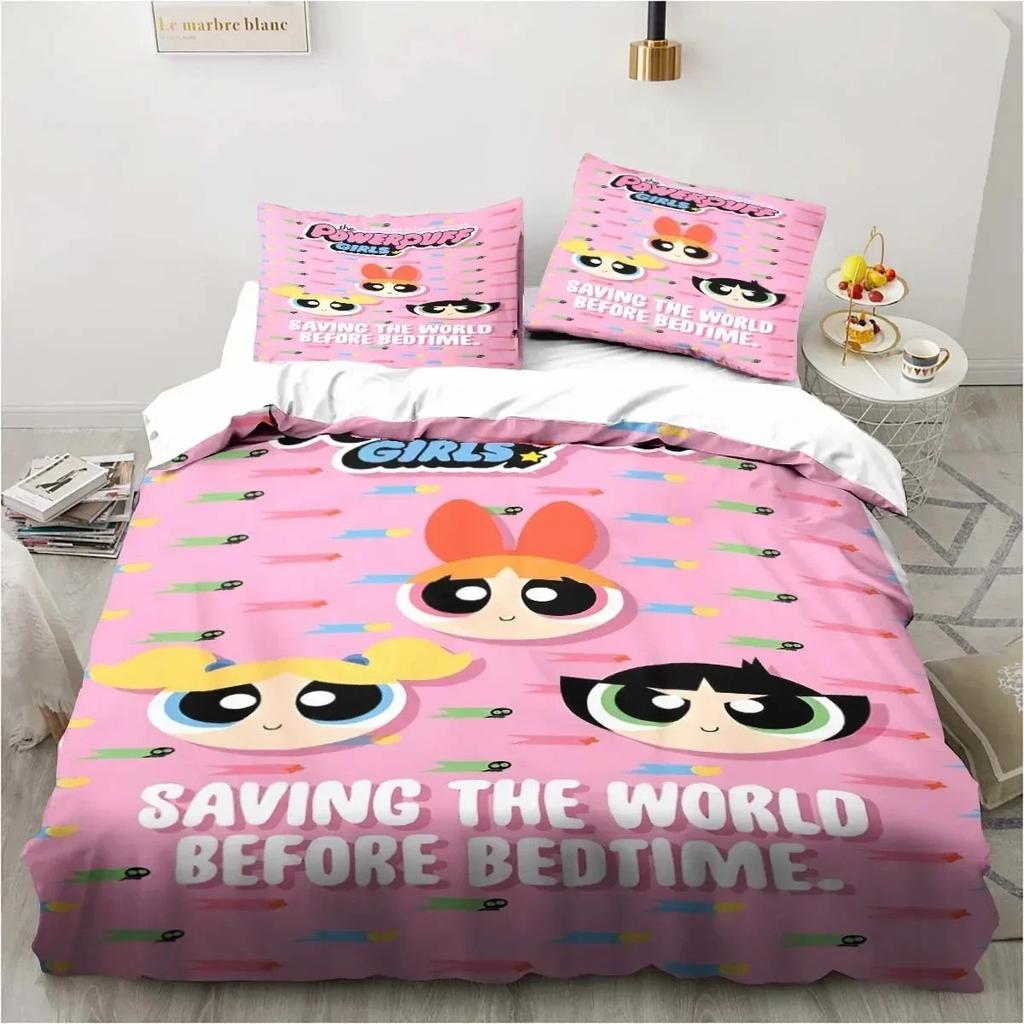 Anime Powerpuff Cute Grils Cartoon Bedding Set Duvet Cover Bed Set Quilt Cover Pillowcase Comforter King Queen Size Boys Adult