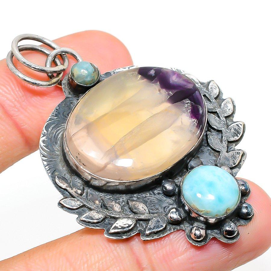 

Natural Fluorite, Larimar Gemstone 925 Sterling Silver Pendant 2.29 l2i64