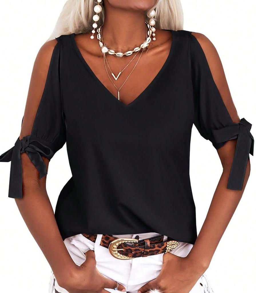 Women's Cold Shoulder V Neck T-Shirt Short Sleeve Loose Summer Cutout Blouse Top