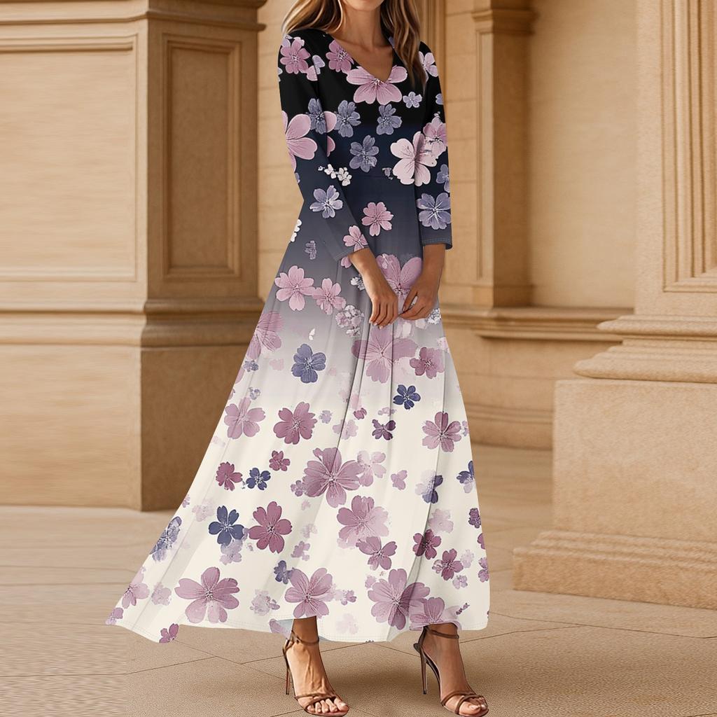 Women's Casual 3/4 Sleeve V-Neck Floral Print Maxi A-Line Beach Dress