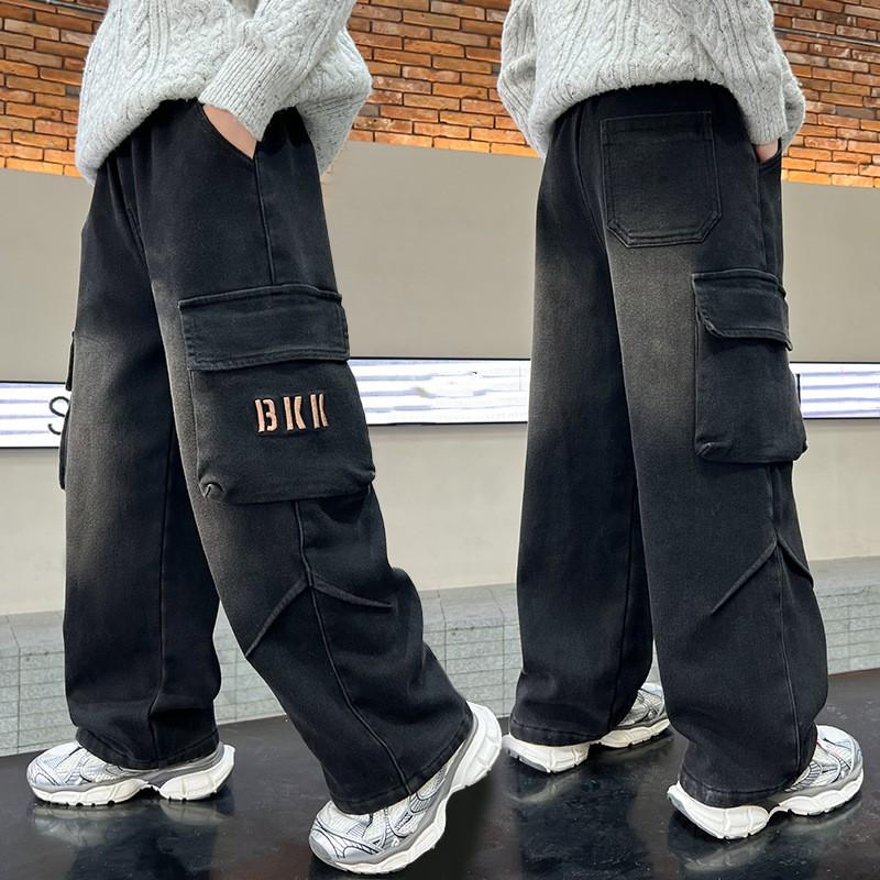 Boys  Spring/Fall Workwear-Style Denim Pants—Large To Extra-Large, Straight-Leg, Loose-Fit, Stylish, Casual, Wide-Leg Pants 120 чёрный