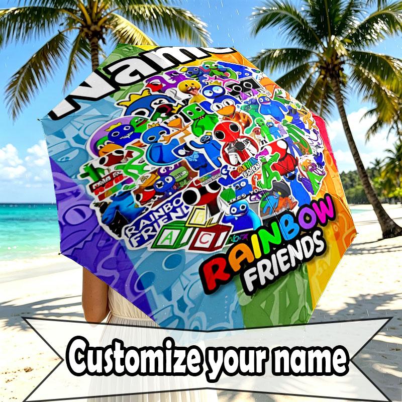 Custom Name Personalized Game Rainbow Friends Print Umbrella, Auto Open Close, 8‑Rib Sturdy Frame, Commute Camping Hiking Use, Birthday Gift