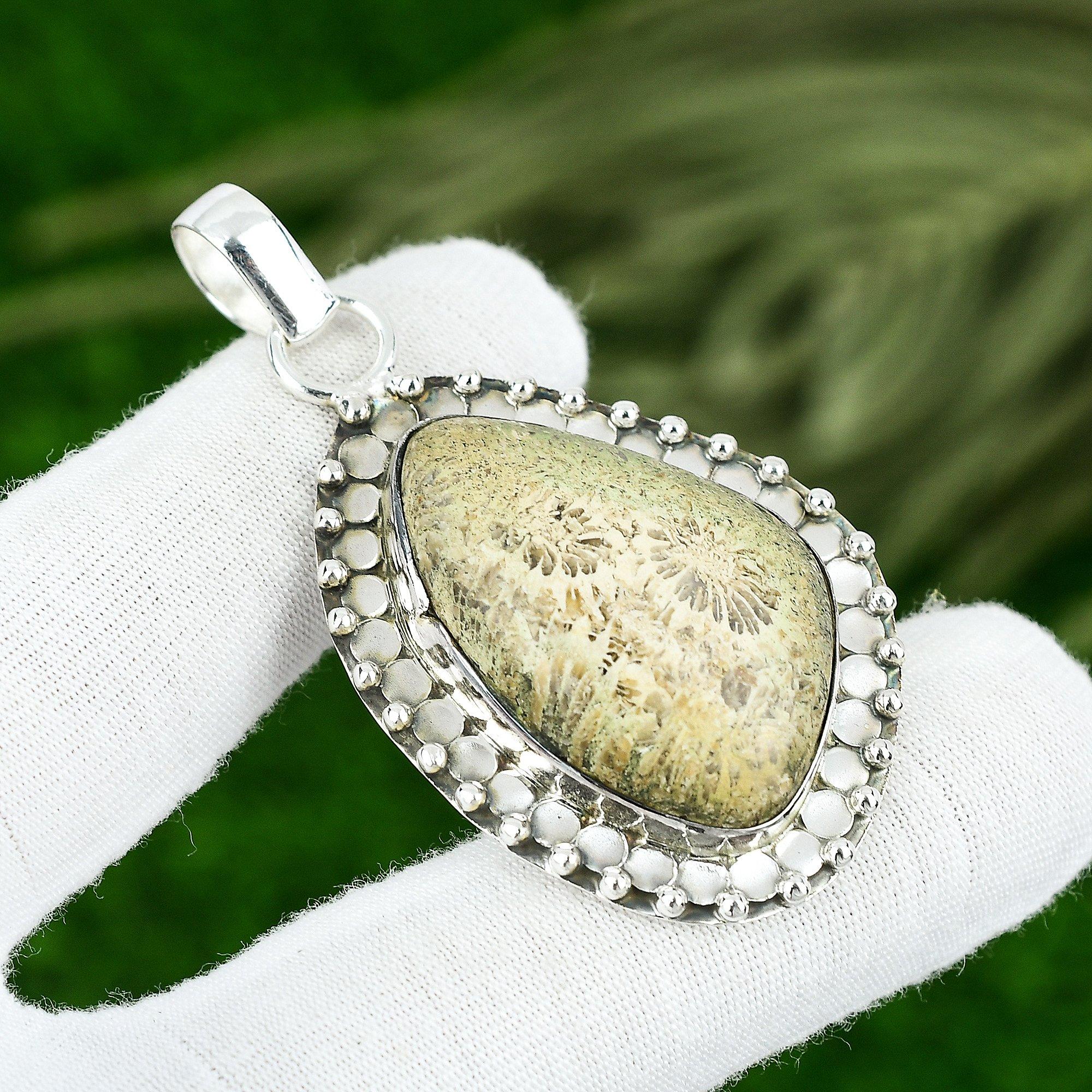 

Натуральный ископаемый коралл драгоценный камень кулон серый стерлинговое серебро 925 пробы индийские украшения