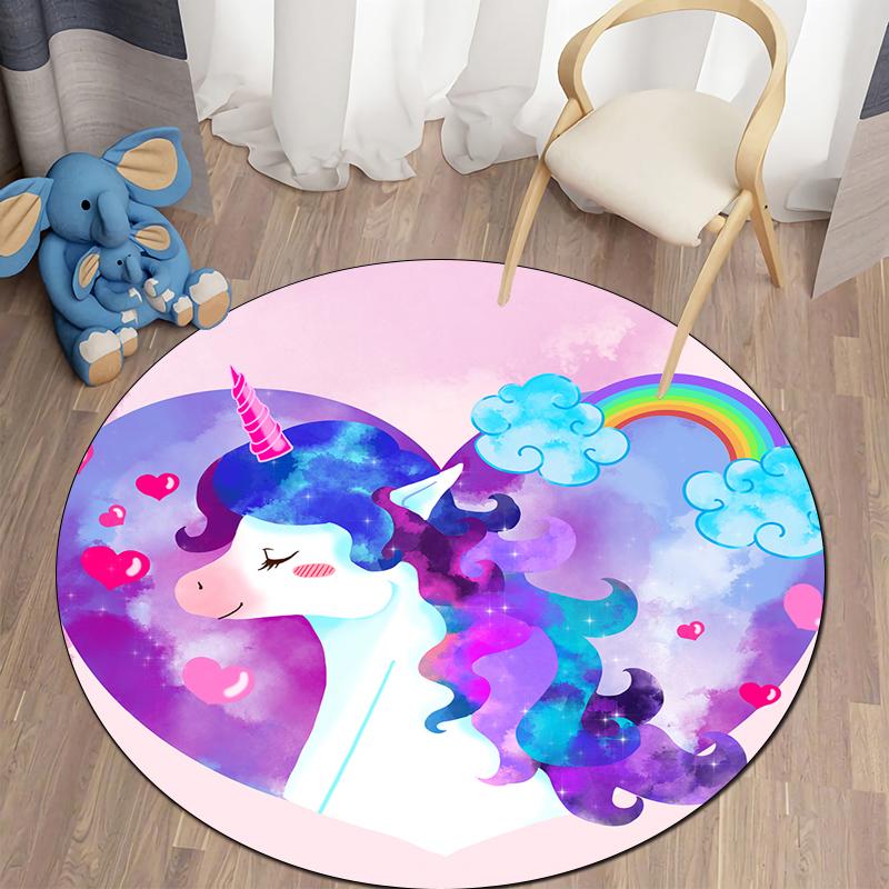 Alfombra redonda con bonitos dibujos de unicornios para dormitorio de niños, alfombra antideslizante para gatear, alfombra para sala de estar, felpudo decorativo para el baño