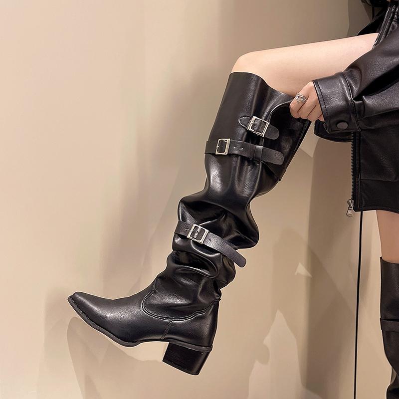 Metal Belt Buckle Knight Boots  Autumn New Pointed Toe Non-Slip Wear-Resistant Block Heel High Stack Boots