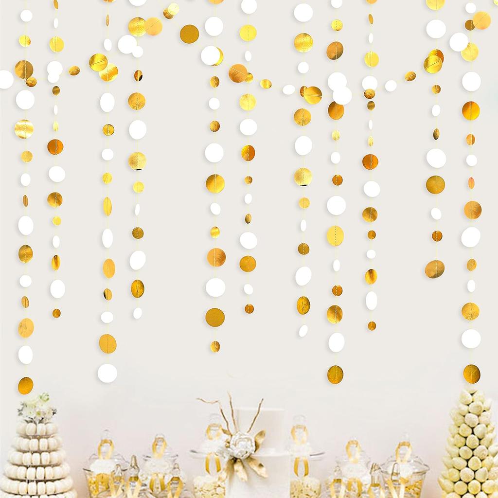 46 Ft Navy Blue and Gold Circle Dots Garland Royal Blue Hanging Paper Polka Dot Streamer for Birthday Wedding Bridal Baby Shower Graduations Nautical