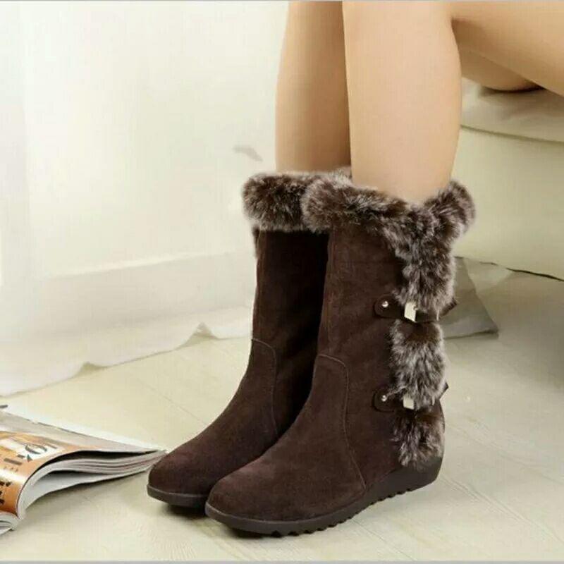 

Зимние новые ботинки большого размера с пряжкой, резиновой подошвой, снегоступы, анти-средняя голень, теплый кроличий мех, на танкетке, на толстой подошве, женские ботинки 42 коричневый