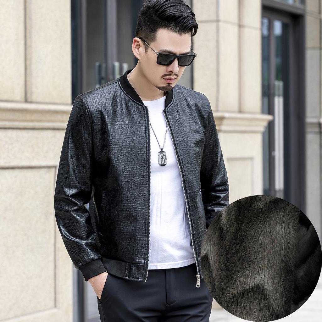 New Alligator Print Autumn Winter Men's Leather Coat Slim Fit Casual Baseball Collar Ice Crack Youth Leather Jacket Men