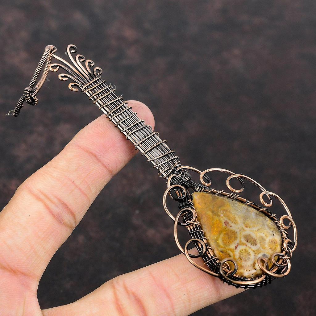 Fossil Coral Copper Pendant Wire Wrapped Gemstone Pendant Guitar Pendant For Gift Designer Jewelry Handmade Pendant Music Instrument Jewelry