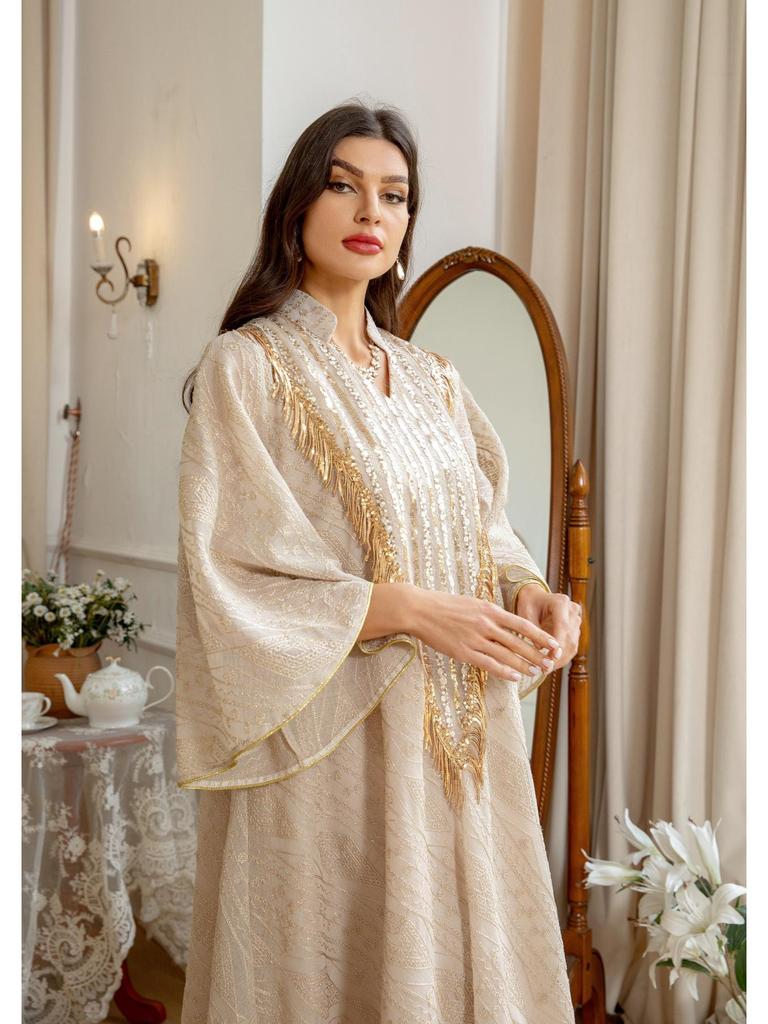 AB320 Tulle Embroidered Sequined Muslim Evening Dress - Arabic Dubai Style Robe for Middle Eastern Women