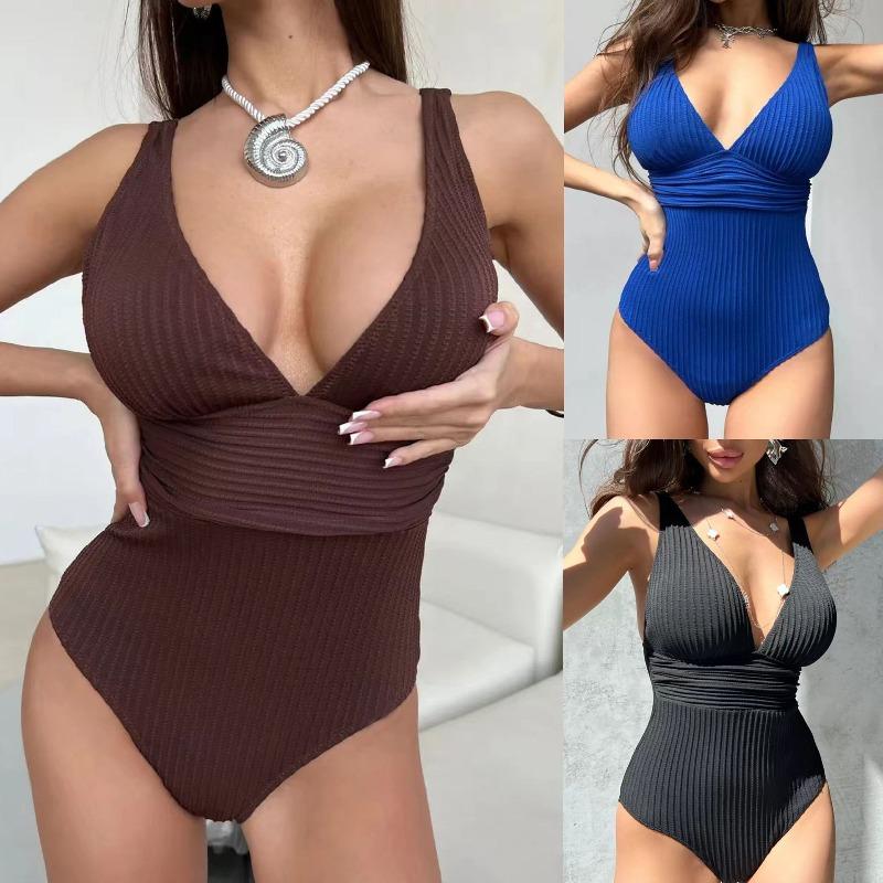 Sexy V-neck One-piece Swimsuit Women's New Solid Color Bikini Beach Hot Spring Swimsuit