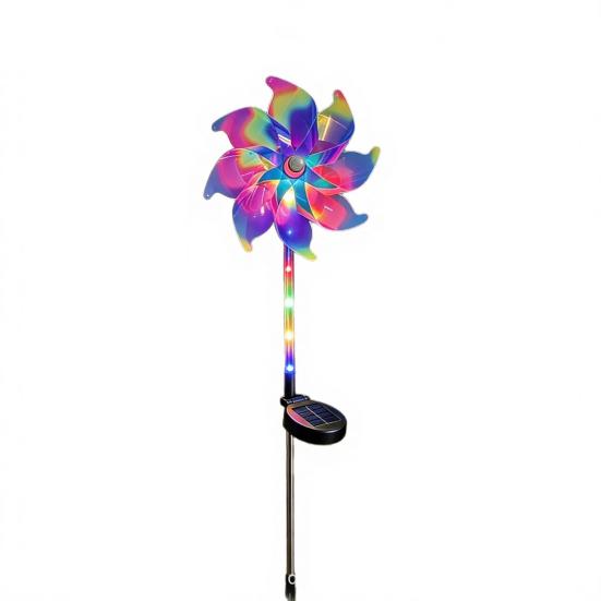 Solar Pinwheel Light, Kinetic Wind Spinner Garden Light with Color Changing LED Glow, Holographic Rainbow Pinwheel Pathway Light for Outdoor 1pc Warm light