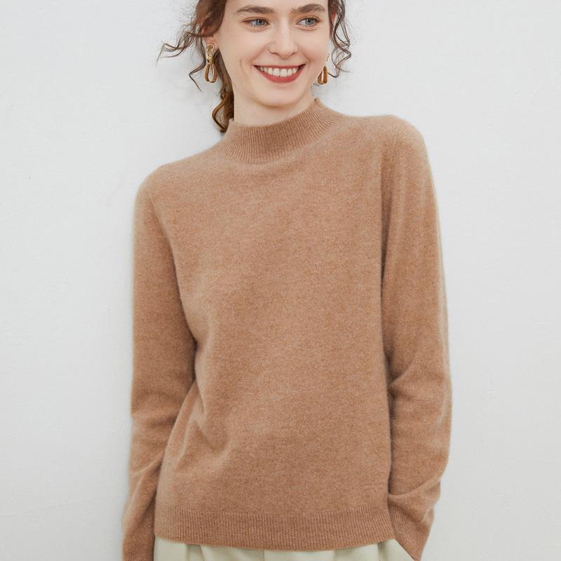 First-line Ready-to-wear% Wool Sweater Women's Semi-turtleneck Autumn and Winter Solid Color Loose Pullover Knitted Bottoming Sweater