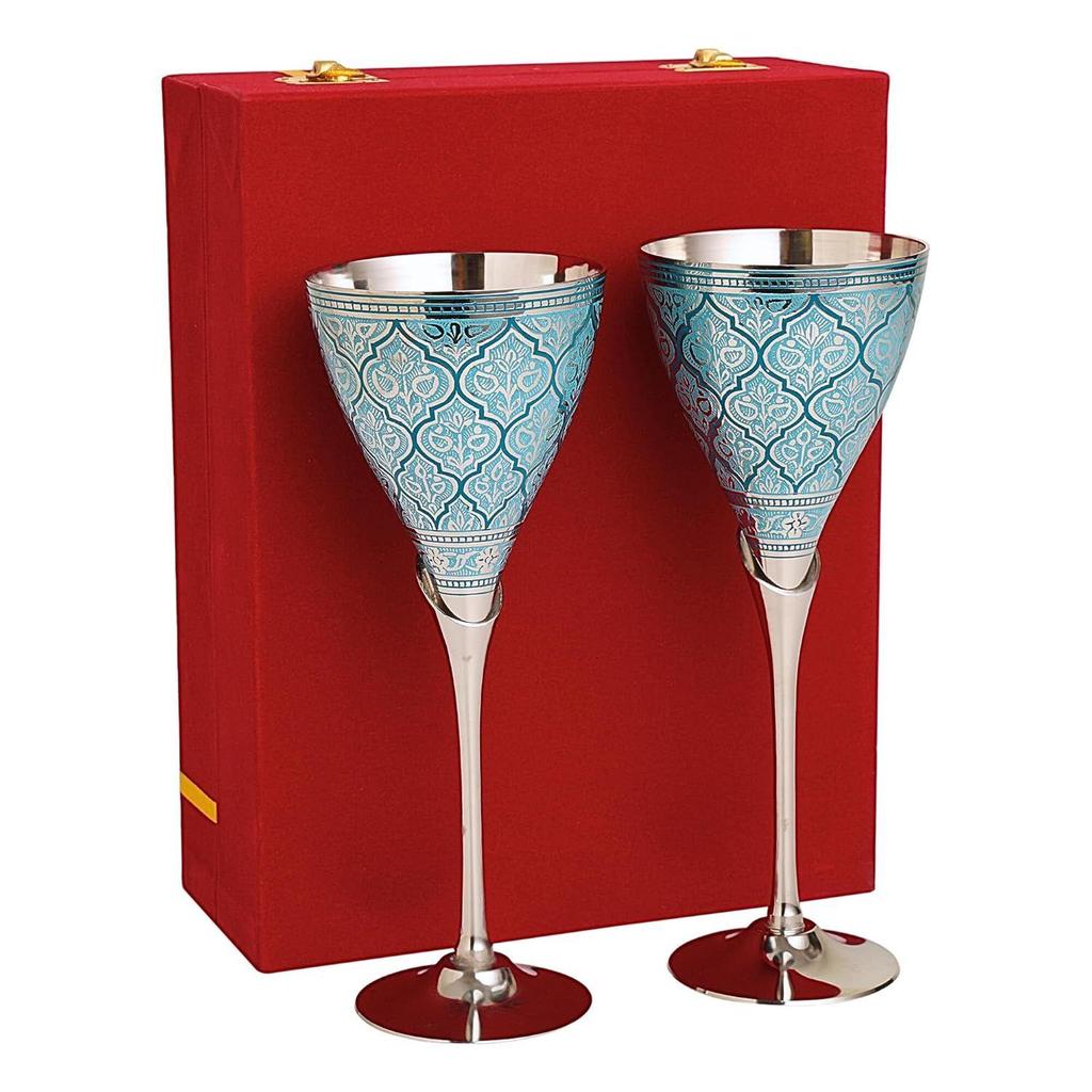 Blue Wine Glasses, Metal Brass Goblet, Champagne Flutes, Diwali, Wedding Gift for Couple Marriage, Corporate Clients - Set of 2, 200 ML