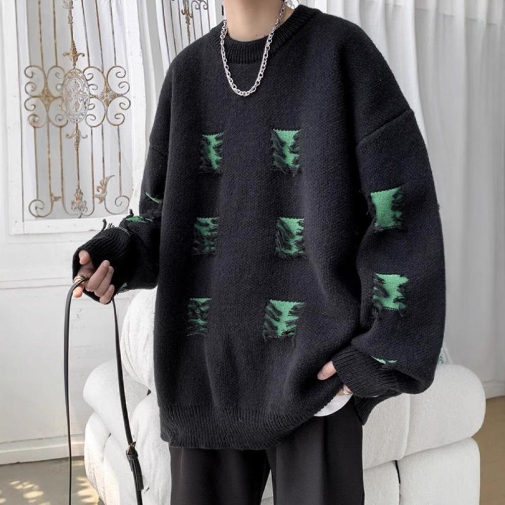 Autumn Winter New Style Distressed Sweater For Men American Streetwear Trendy Casual Loose Design Versatile Crew Neck Knitwear