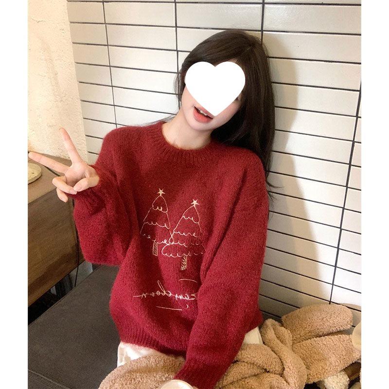 

2025 Korean High-End Red Embroidered Christmas Sweater - Winter Petite Women s Knit Top M