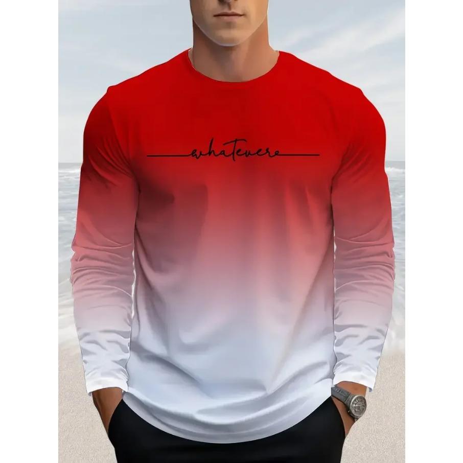 ForYourBeauty Leuk T-shirt met lange mouwen voor heren met letterprint in kleurverloop, casual herfst, comfortabele pullover, modieuze losse top met O-hals L
