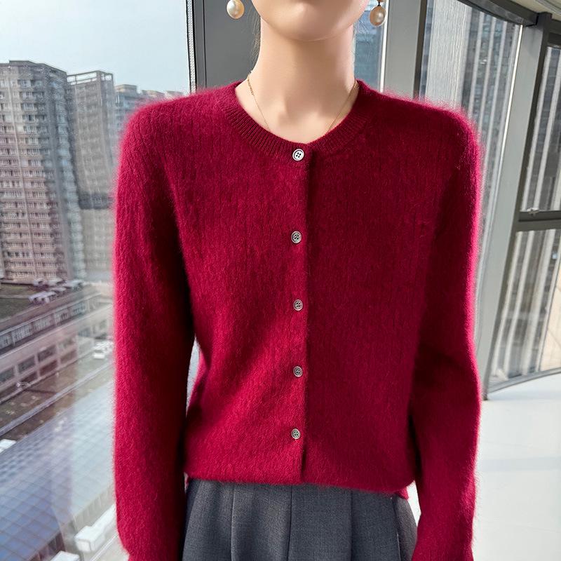 Women's Retro Cable Knit Mink Velvet Cardigan - Round Neck, Long Sleeve, Loose Fit, Short Sweater Coat