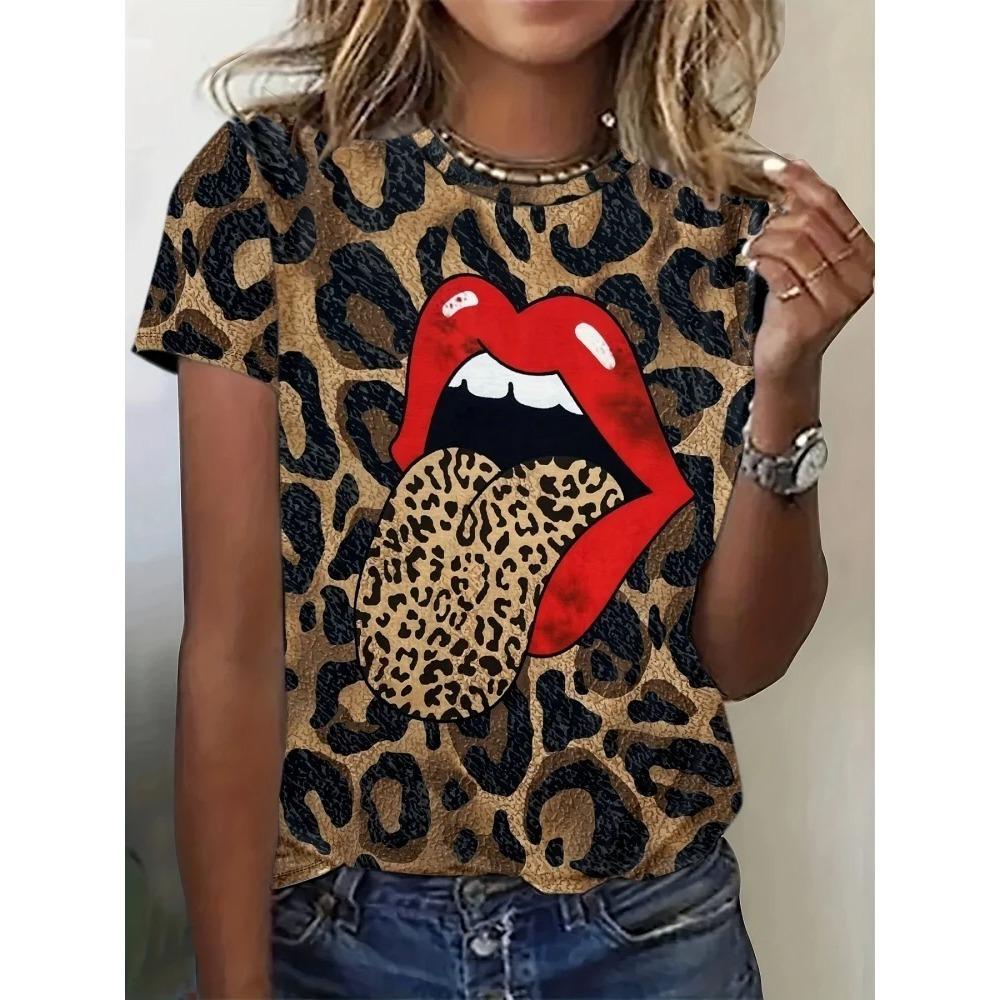 3D Leopard Print and Lipstick Print Short-sleeved Top Summer Casual Everyday Women's T-shirt Urban Street Fashion Women's Y2K