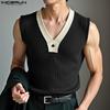 INCERUN Men V Neck Sleeveless Patchwork Rib Casual Tank Tops Undershirts