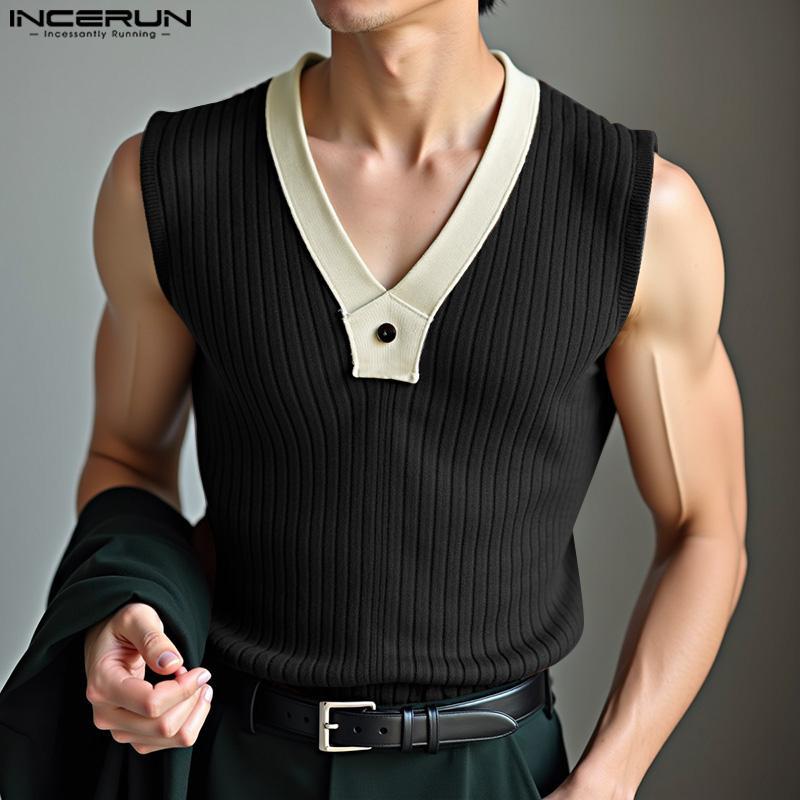 INCERUN Men V Neck Sleeveless Patchwork Rib Casual Tank Tops Undershirts