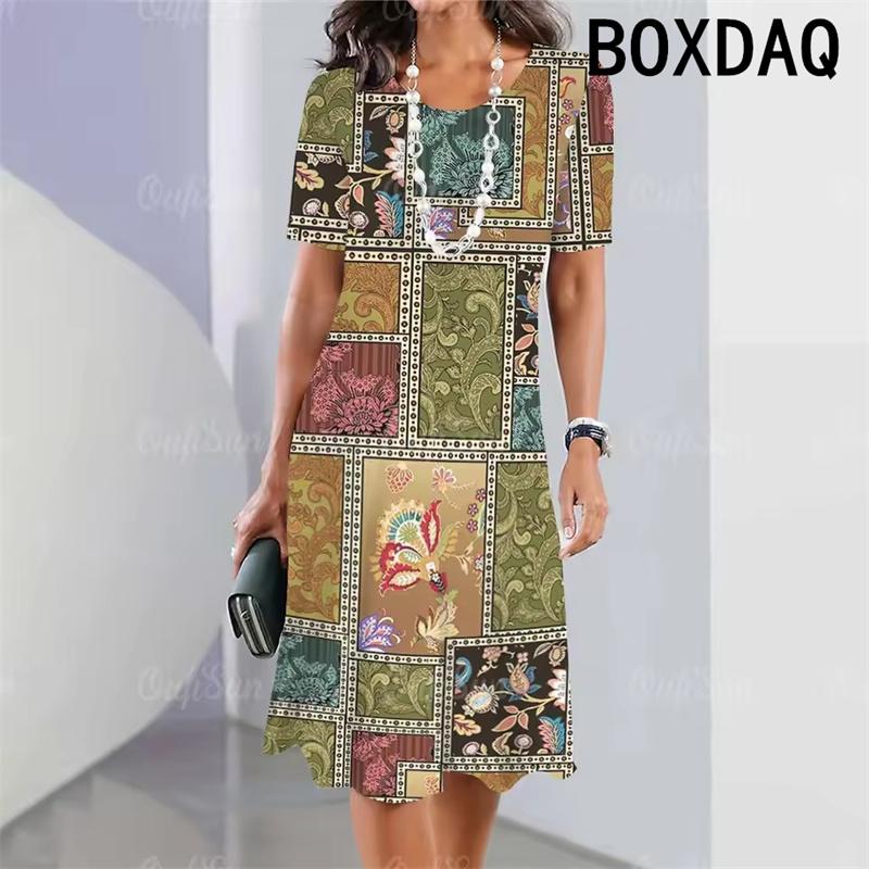 Summer Woman's Short Sleeves Dresses Geometric Pattern Print A-Line Dress 3D Retro Elegant Holiday Loose Dress Big Size Vestidos