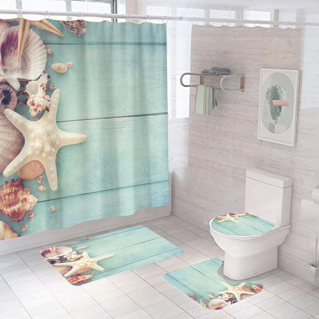Bathroom Shower Curtain Four-piece Digital Printing Beach Shell Waterproof Shower Curtain Shower Curtain Partition Curtain Bath Mat