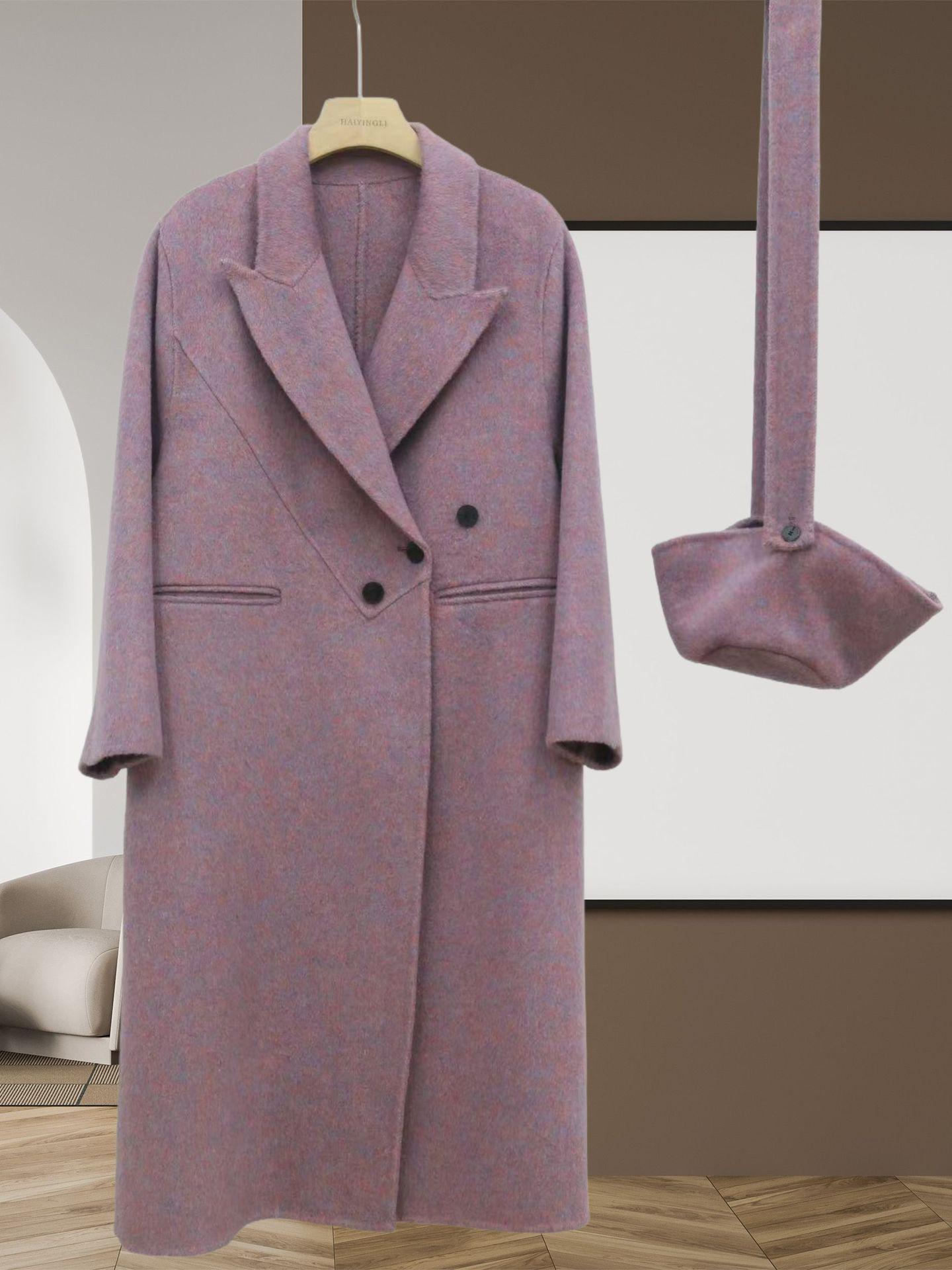 

Пальто из шерсти в корейском стиле на осень/зиму 2025 и набор шляпа-рыбак с лацканами пиджачного типа M for 60-70 kg фиолетовый/розовый