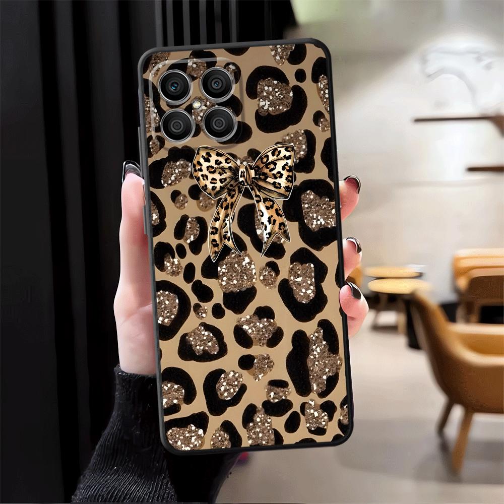 

Case for Honor X6 Magic5Lite X7 90 200 400 Lite X9a X5b X8 8X 70 Black Soft Phone Cover Leopard Print Bow Honor X6a