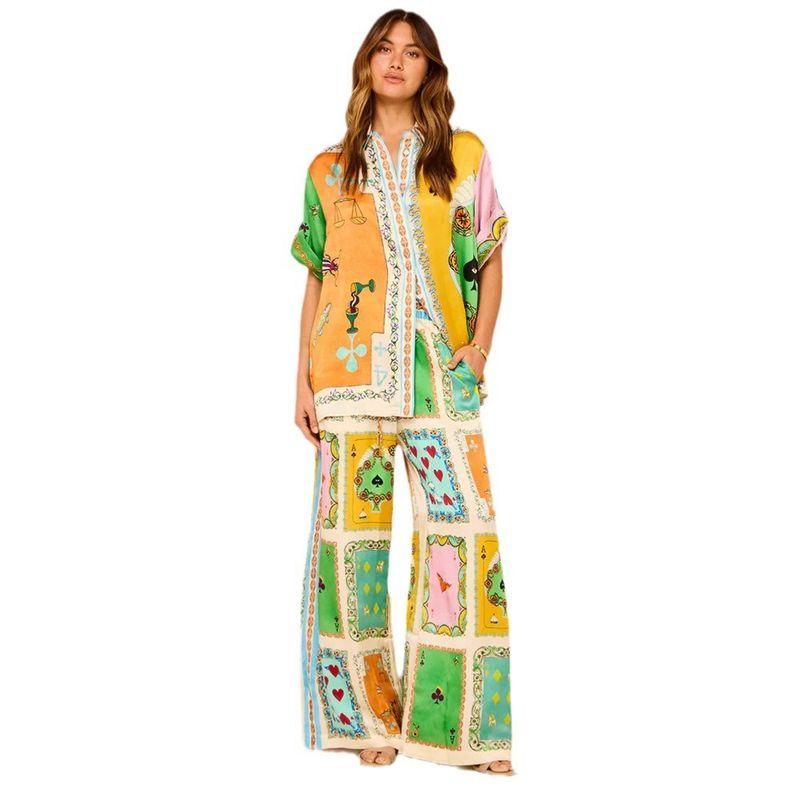 

Summer 2024 European and American Women s Clothing Shirt Pants Loose Printing Suit Casual Vacation Suit Yellow S