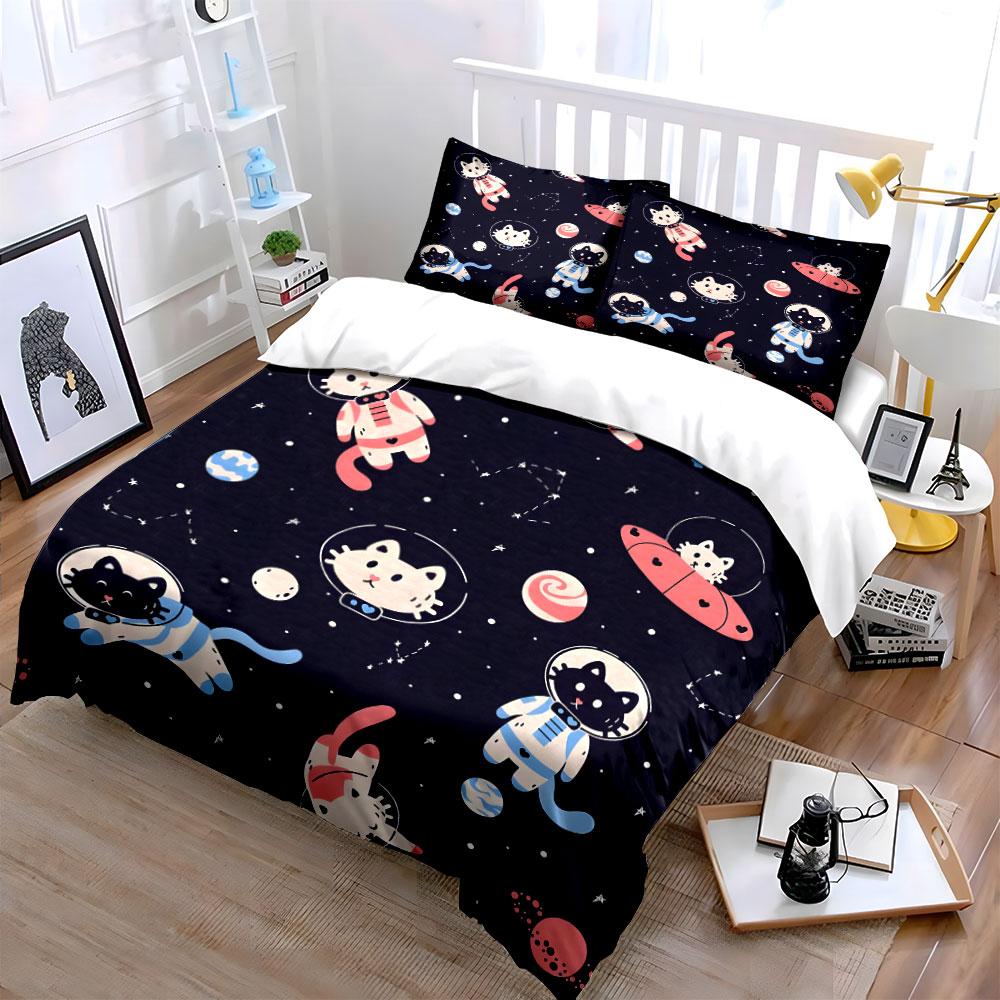 Space Cat Trio Adventure Design  Kid'S And Adults' Bedroom Decor, Exquisite Three-Piece Bedding Set Gift