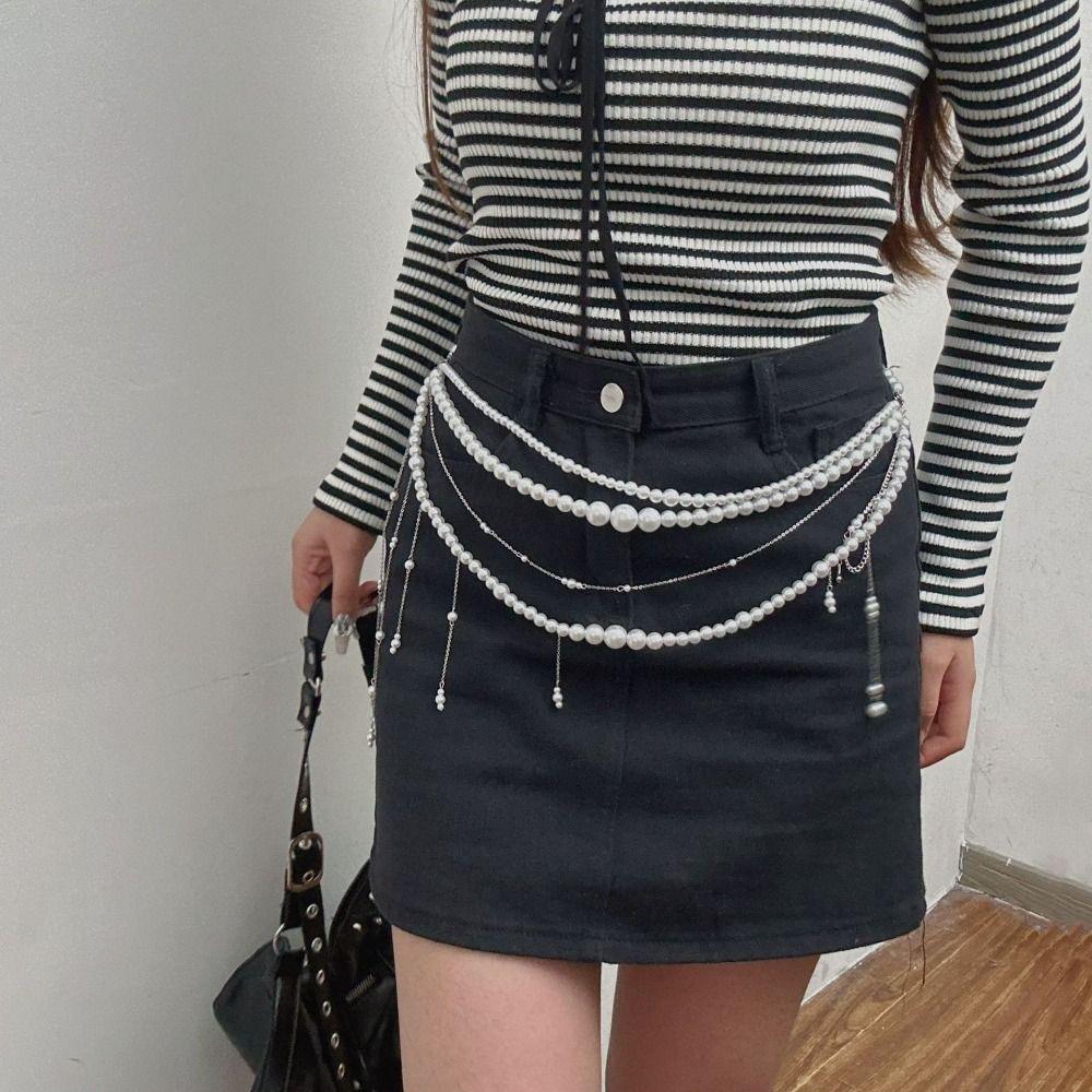 Elegant Multilayer Pearl Waist Chain Butterfly Belly Chain Retro Y2k Waistband Dress Accessories