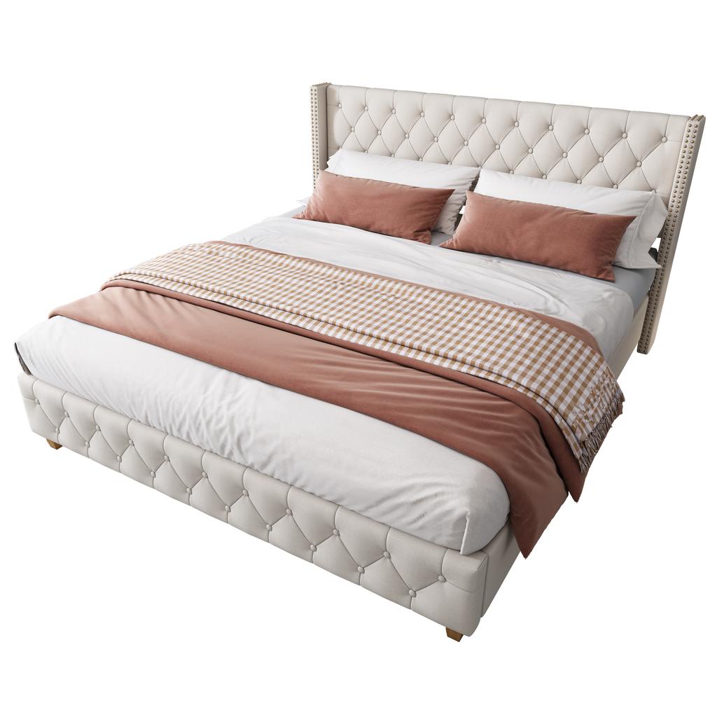Upholstered Bed 180*200cm with Slatted Frame and Headboard, Button Tufting, Stud Upholstery, Wooden Legs, Linen, Beige