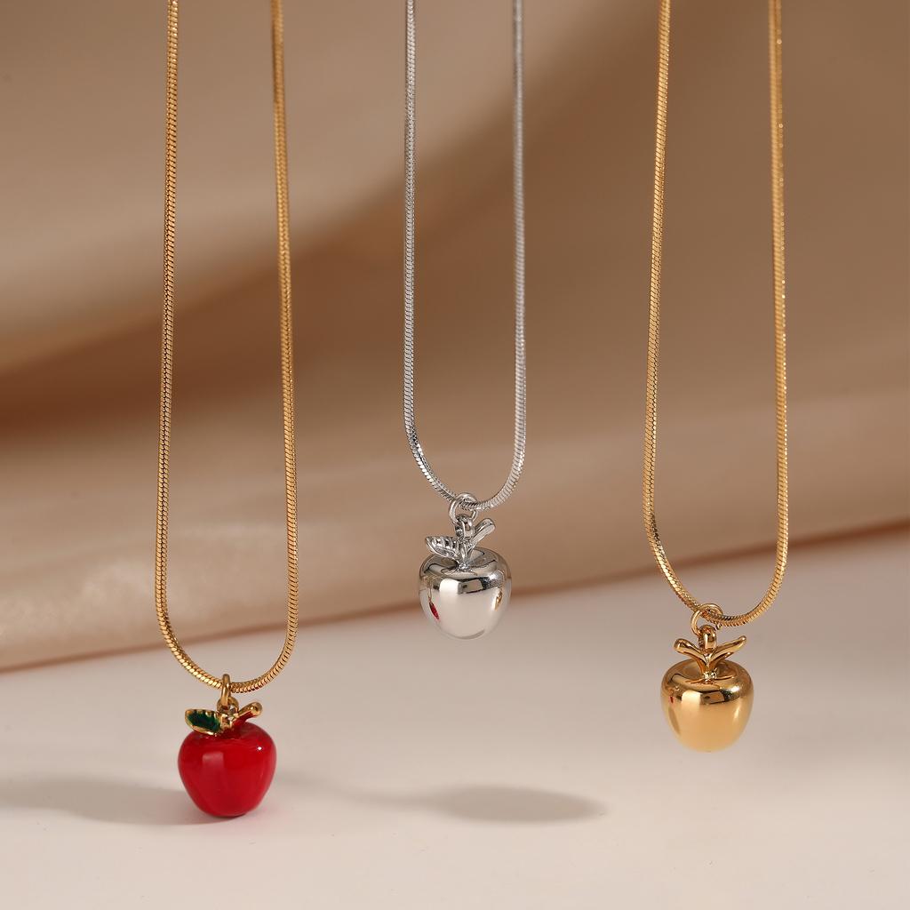 Cute Fashion Plated Titanium Steel 3D Drip Oil Apple Necklace Earrings Fruit Series Accessories Red Apple Pendant Necklace Jewel