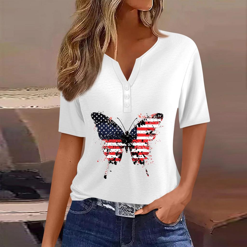 Women's T Shirt Tee Independence Day Print Button Short Sleeve Daily Weekend Fashion Basic V-Neck Regular Top