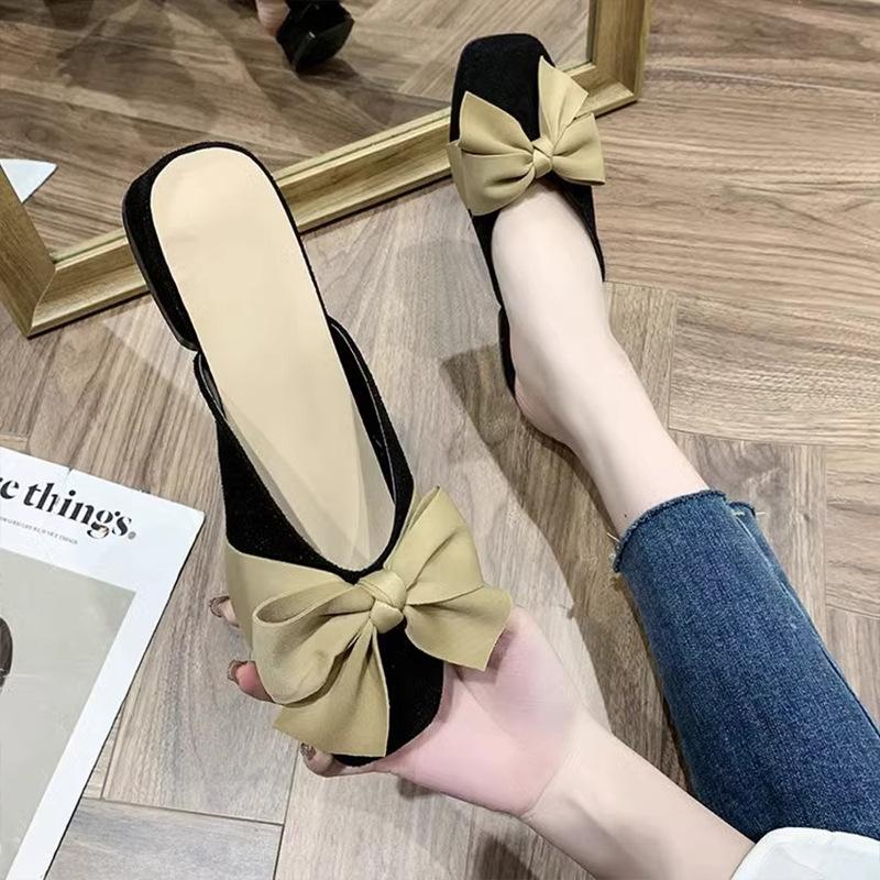 Square head bow slippers women's summer wear ins trendy year new versatile fairy flat bottom bag head half slippers