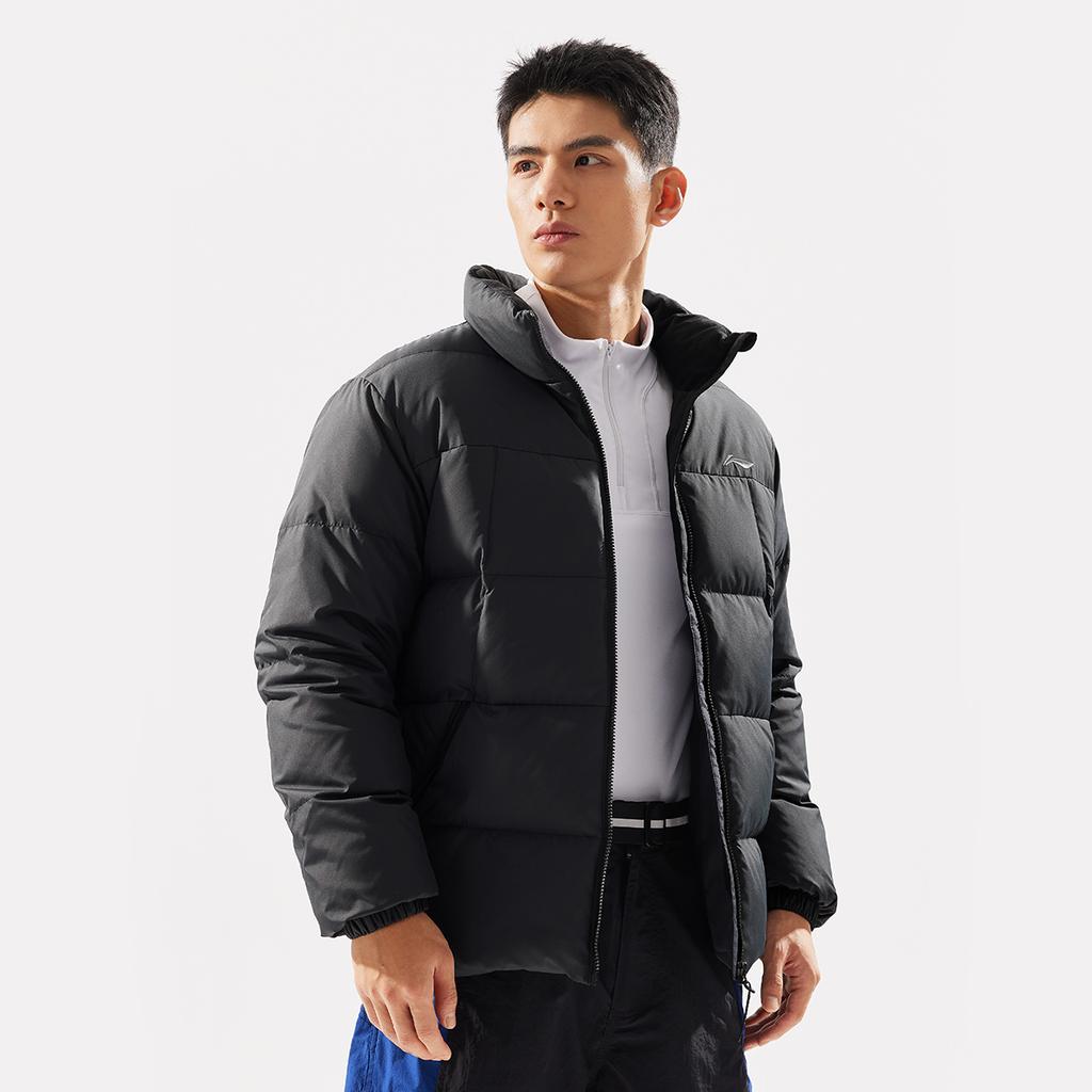 Li-Ning Water-Resistant Solid Color Stand Collar Zipper Comfortable Casual Versatile Short Winter Down Jacket Men Jackets Black AYMV769-1