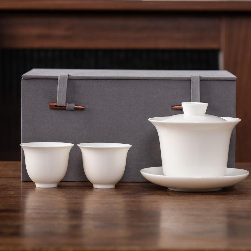 Hover Cover Bowl Suet Jade Porcelain White Porcelain High-end Three Talents Brewing Tea Bowl One Pot Two Cups Gift Box Light Luxury Boutique Tea Set