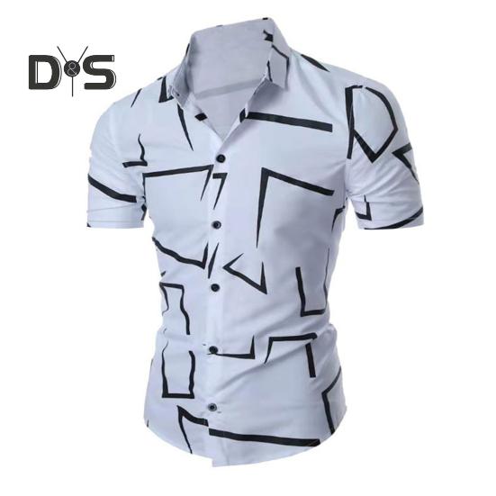Summer Men Shirt Geometric Printing Single-breasted Short Sleeves Slim Fit Top Turn-down Collar Mid Length Contrast Color Shirt