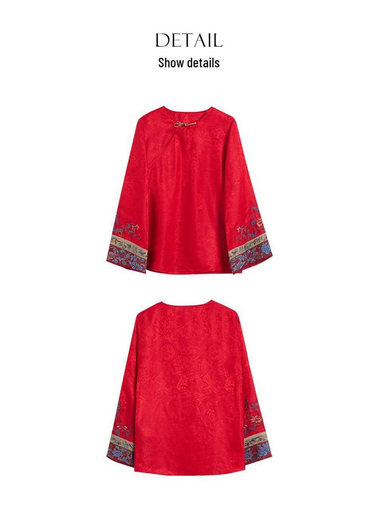 Rong Tai Women's 2026 Spring Frog Button Silk Jacquard Long Sleeve Shirt - Slimming Chinese Style Top