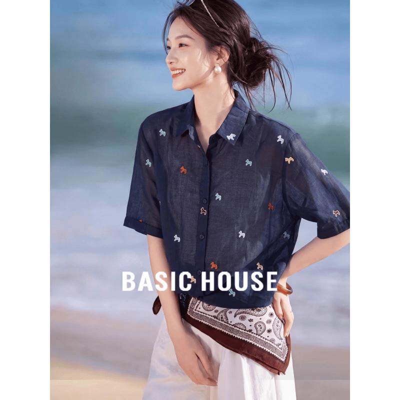 Basic House Women s Ramie Embroidered Short-Sleeve Shirt One Size тёмно-синий