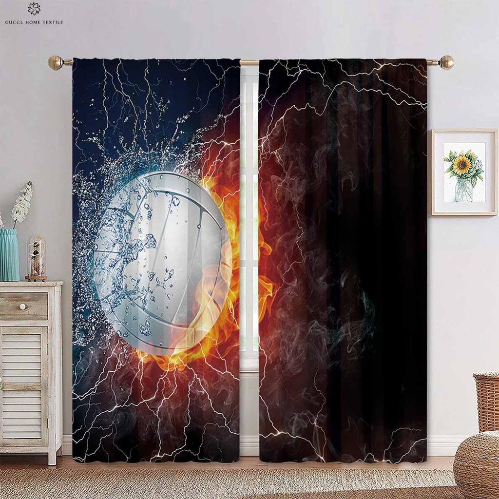 Football Rugby in Wasser und Feuer 3D-gedruckter Stangendurchzugsvorhang Schlafzimmer Wohnzimmer Küche Dekovorhang 2 Stück