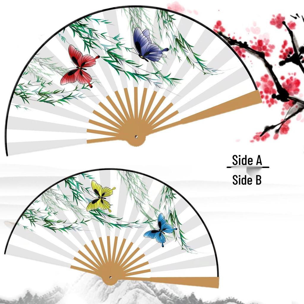 Consort Yang's Drunkenness Folding Fan - Plum Blossom, Peony, Pear Blossom Design with Peking Opera and Liangzhu Butterfly Themes