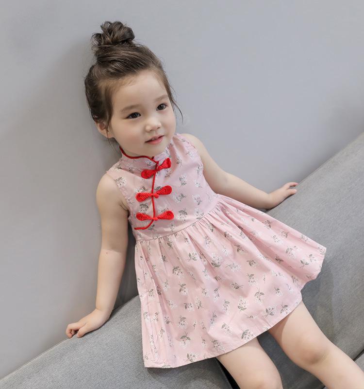 Kids Girls Chinese Style Cute Flower Print Dress Vintage Cheongsam Dresses Qipao Baby Clothes