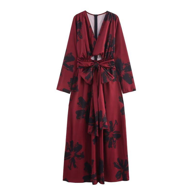 Kaslead New Women Clothes Western Style Fashion Simple Double Purpose Design Temperament Deep V Print Long Dress