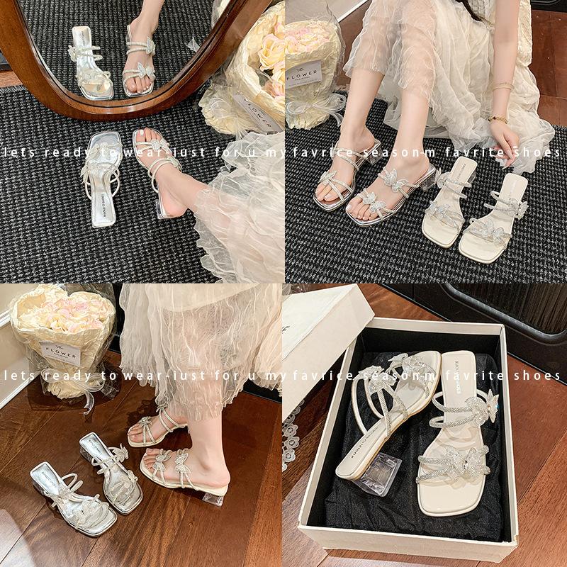 Fairy rhinestone bow with sandals girl summer 2025 new fashion versatile stiletto high heels