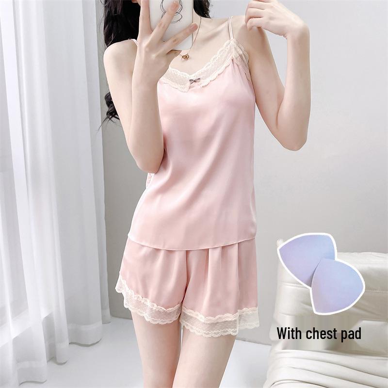 Ice Silk Women's Pajama Set: Sexy Camisole and Shorts with Chest Pads - Ideal for Indoor/Outdoor Wear