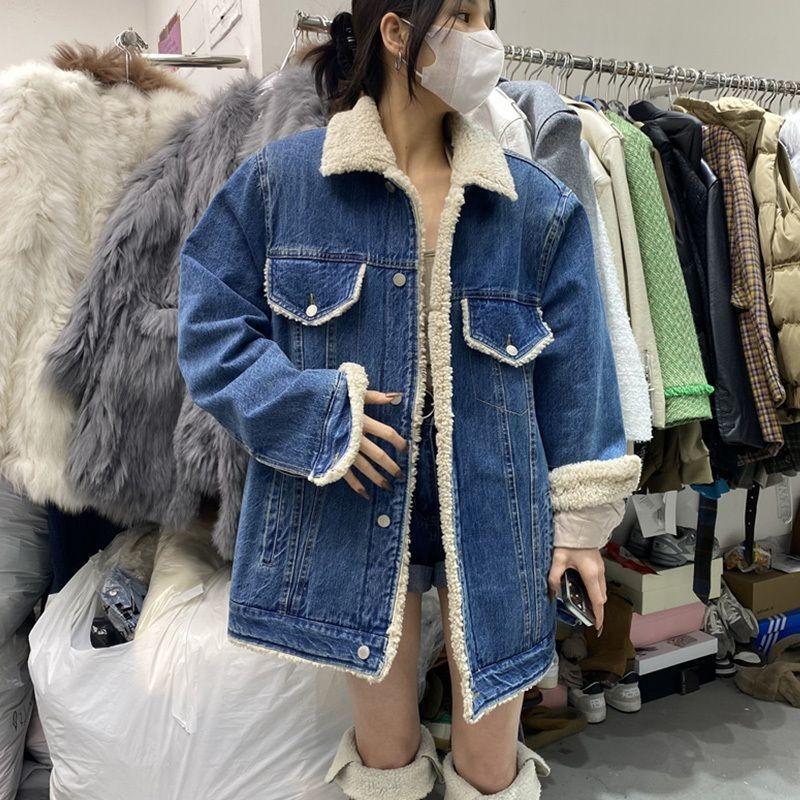 Winter Lamb Wool Denim Short Jacket Women's Retro Temperament Thin Thickened Warm Cotton Jacket Top Velvet