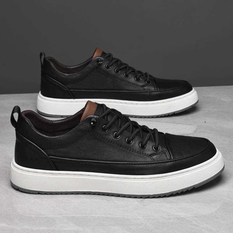 Men's shoes leather shoes first layer cowhide board shoes trend low-top sports and leisure shoes men's small black shoes